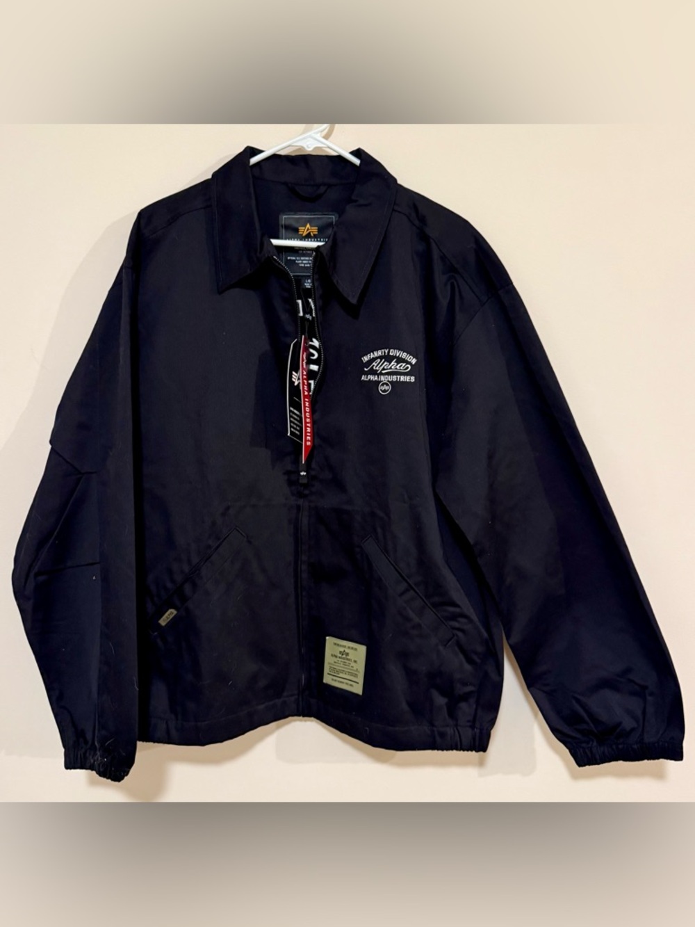 NWT Alpha Industries Black Zip Up Jacket with White Infantry Script Size Large - Picture 2 of 8